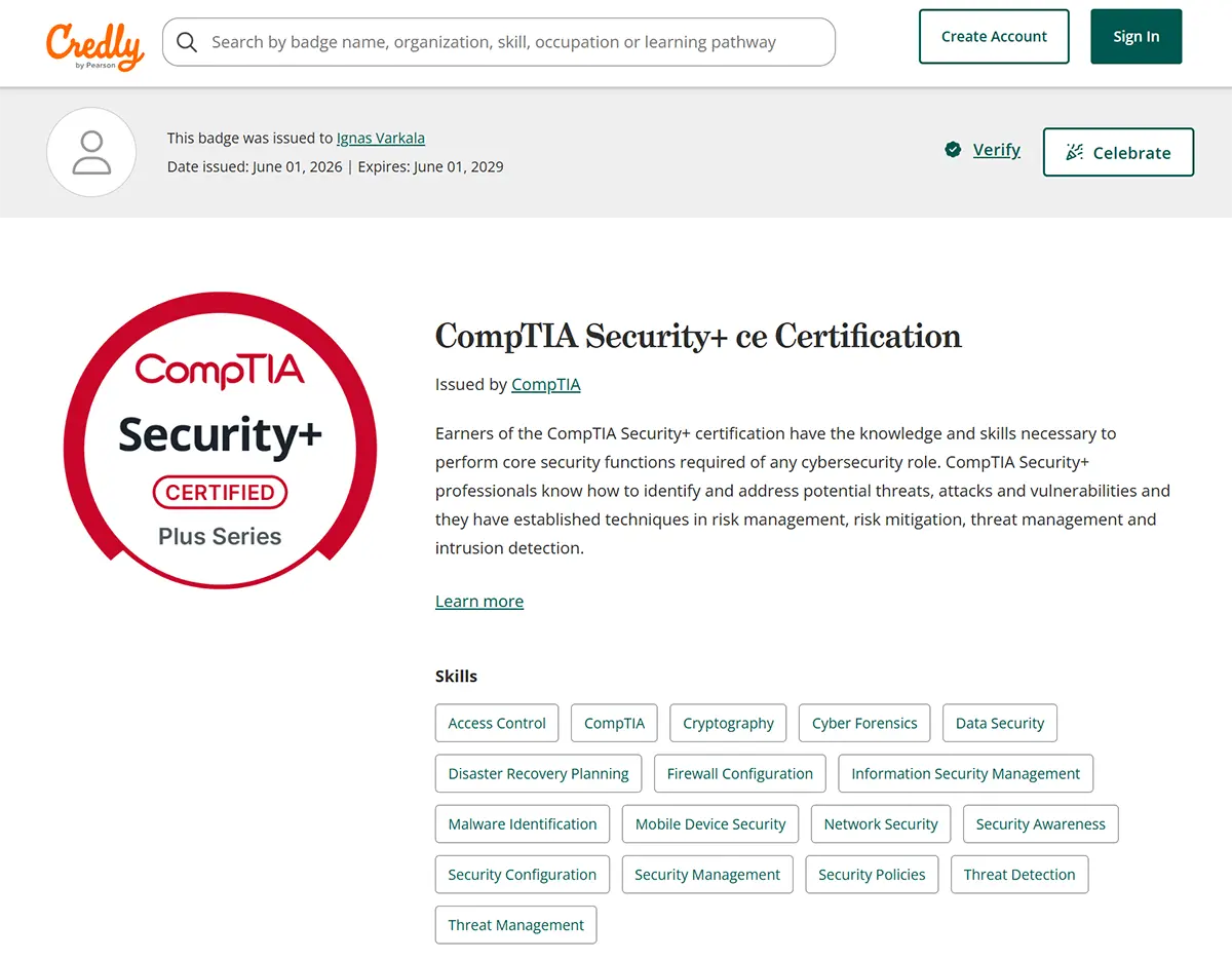 CompTIA Security+ (SY0-701) certificate from CompTIA