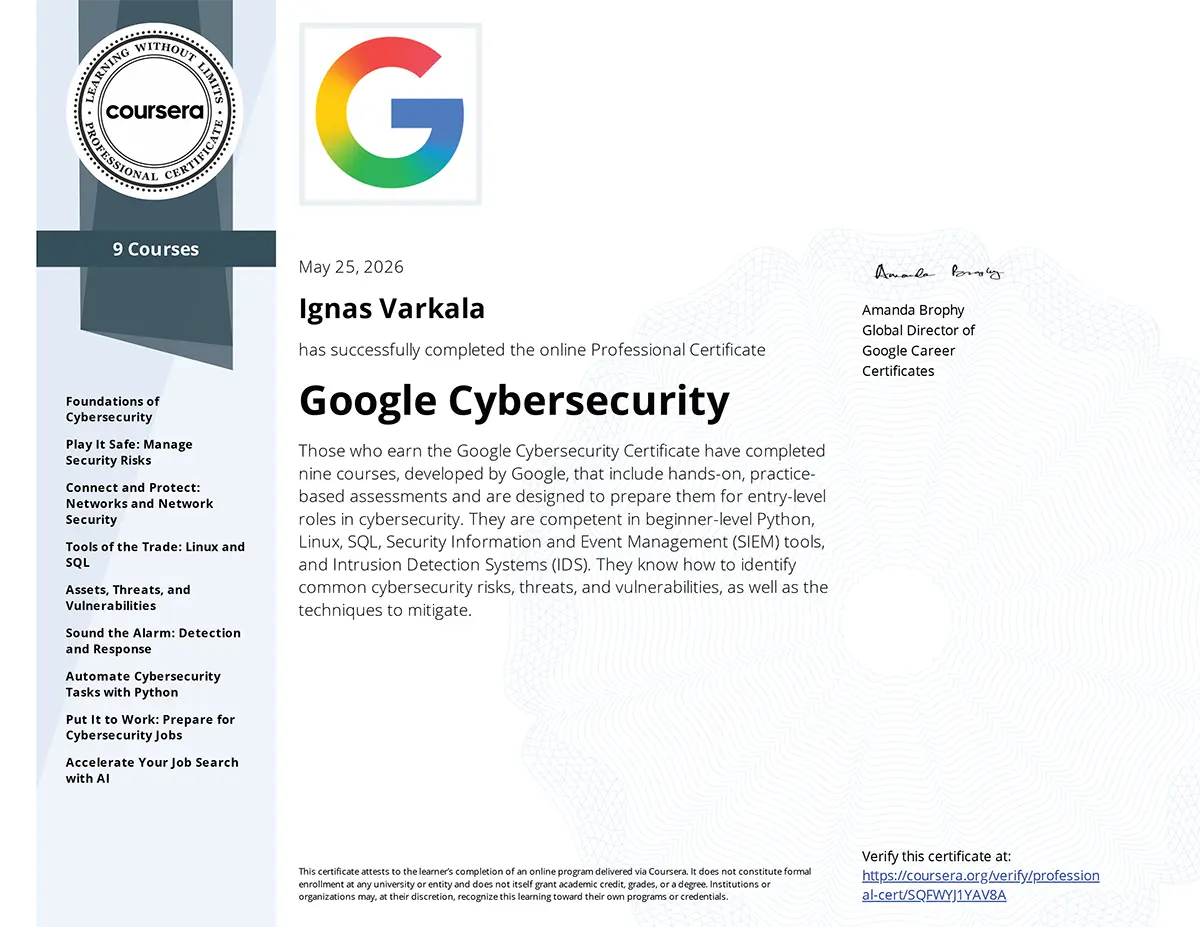 Cybersecurity Certificate certificate from Google