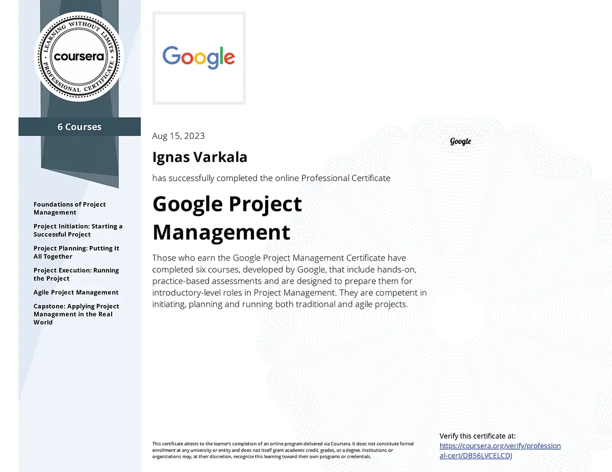 Project Management Certificate certificate from Google